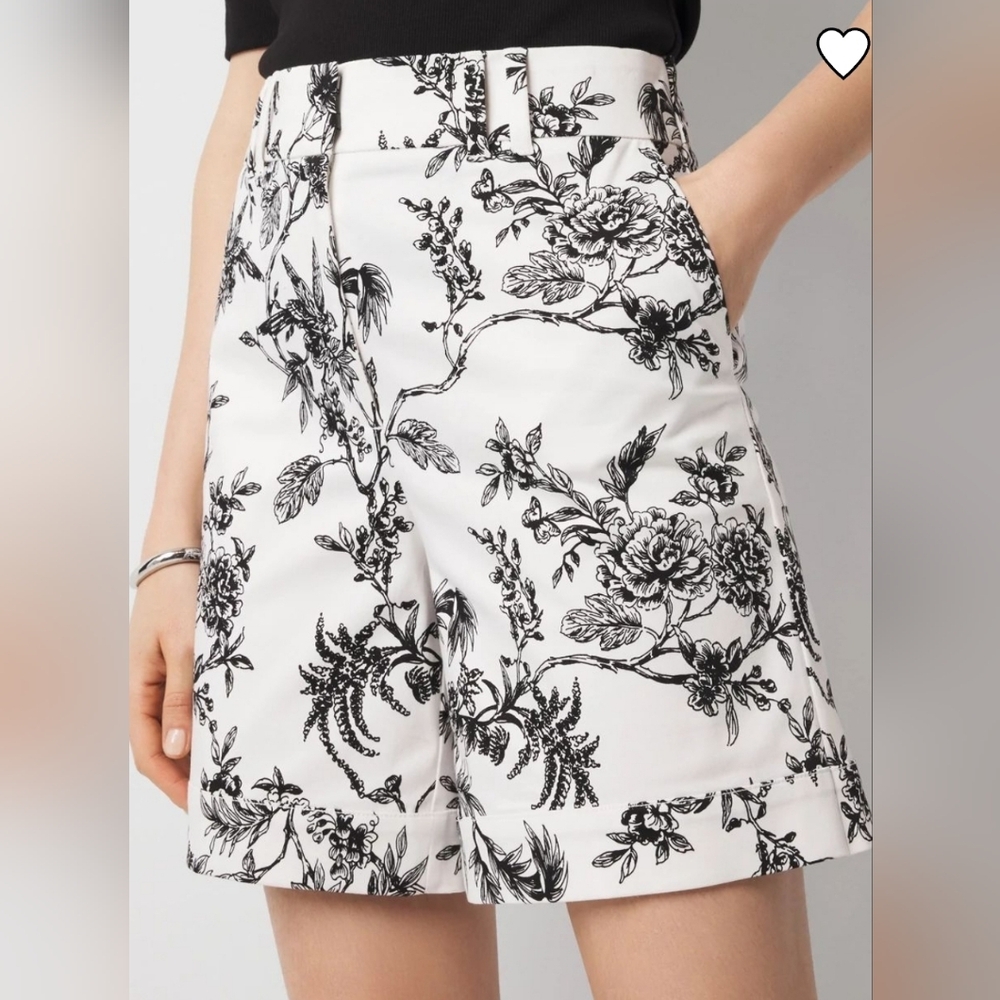 High-Waist Black & White Floral Sateen Shorts 8 - Picture 3 of 6